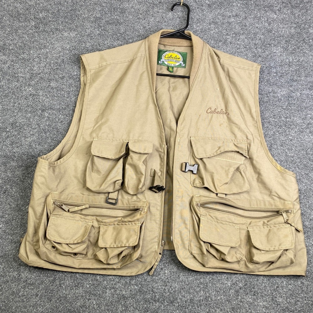 Cabelas Mens XL Tan Fishing Hunting Utility Vest Multi-Pocket Canvas Outdoor Fly
